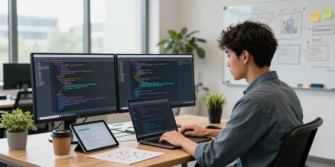 Engaged developer coding with dual monitors in modern office, showcasing WhatsApp下載