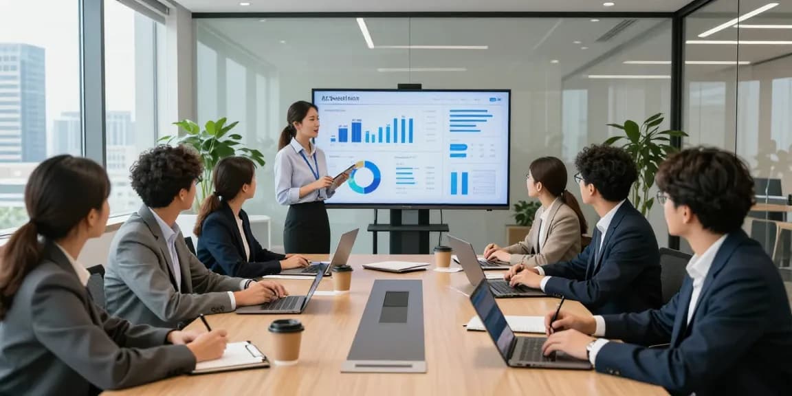 Diverse professionals engaged in a collaborative meeting discussing AI for business strategies in a modern office.