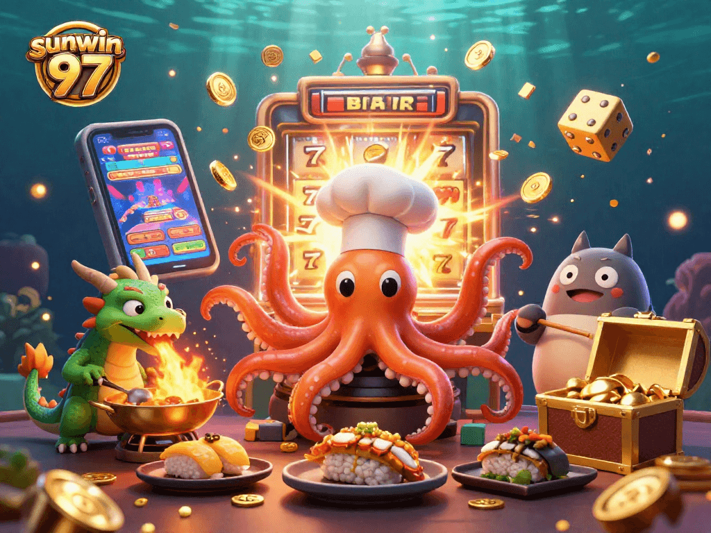 Experience the excitement of sunwin 97 with vibrant characters, slot machines, and dynamic casino action!