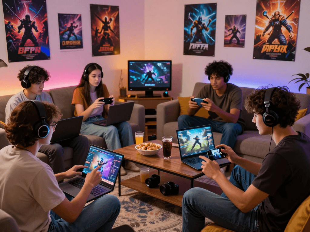 Enjoying a fun gaming session with friends while playing porn games online in a cozy living room.