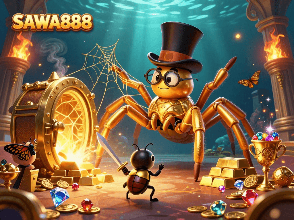 SAWA888 showcases a vibrant casino scene with a golden tarantula, a beetle knight, and treasures around classic gambling elements.