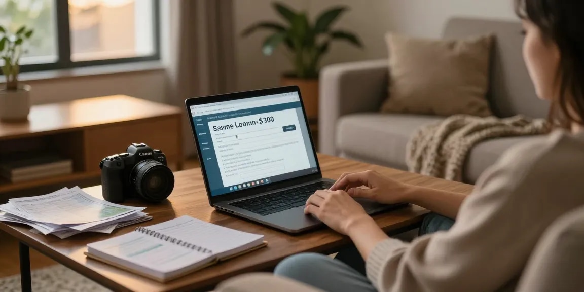 Individual applying for a same-day $300 loan in a cozy living room.