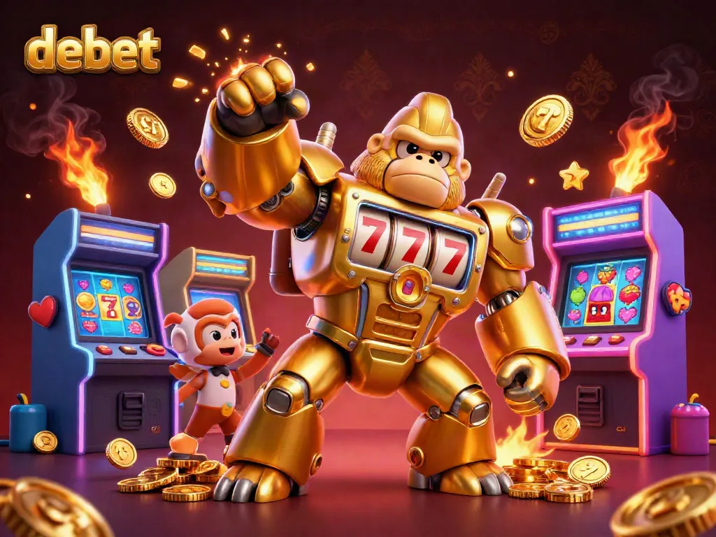 Experience the excitement of debet gaming with a dynamic gorilla mech bursting with coins and slot action.