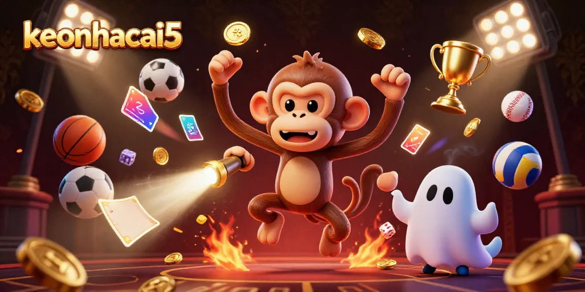 Experience the excitement of keonhacai5 with a playful ghost-hunting scene, highlighting sports betting elements.