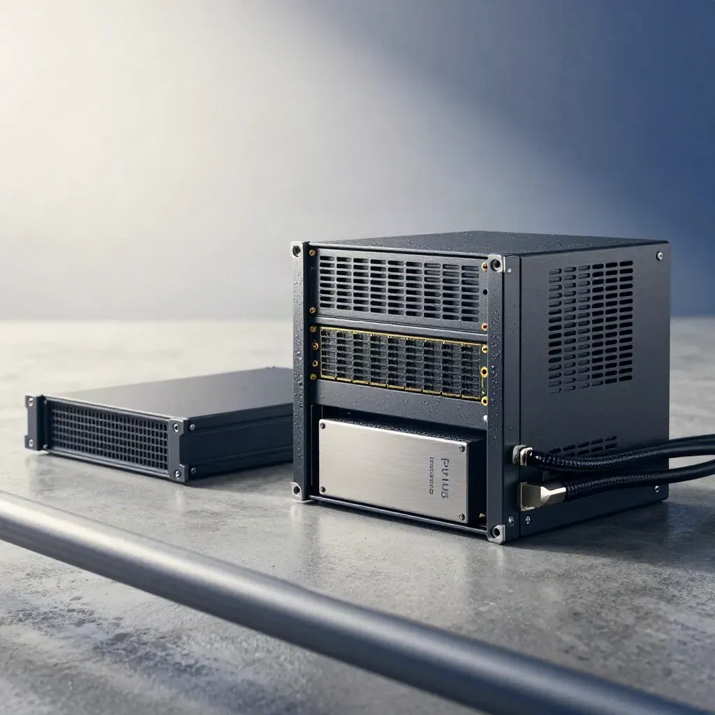 Server blade and SSD caddies on a misty studio surface with soft light and blue accents.