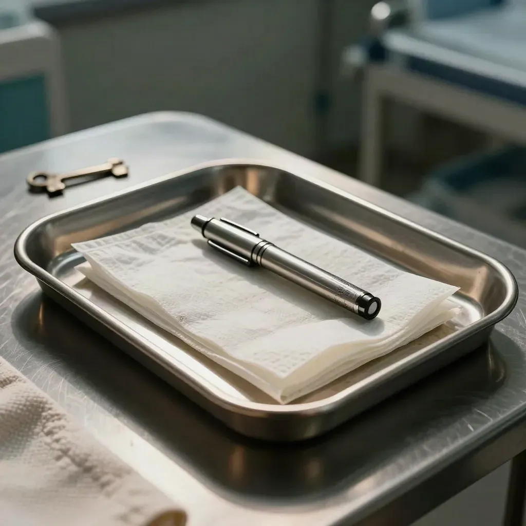 Stainless med tray with penlight and gauze pack on a brushed metal surface in dim clinic light