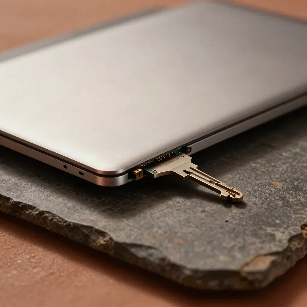 Closed ultrabook, SSD and server key on dark stone with warm raking light and soft bokeh.