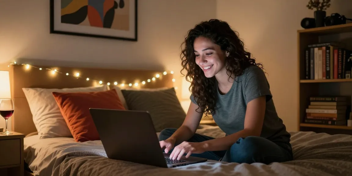 Engaging in a cozy sexchat conversation in a warm bedroom setting with soft lighting.