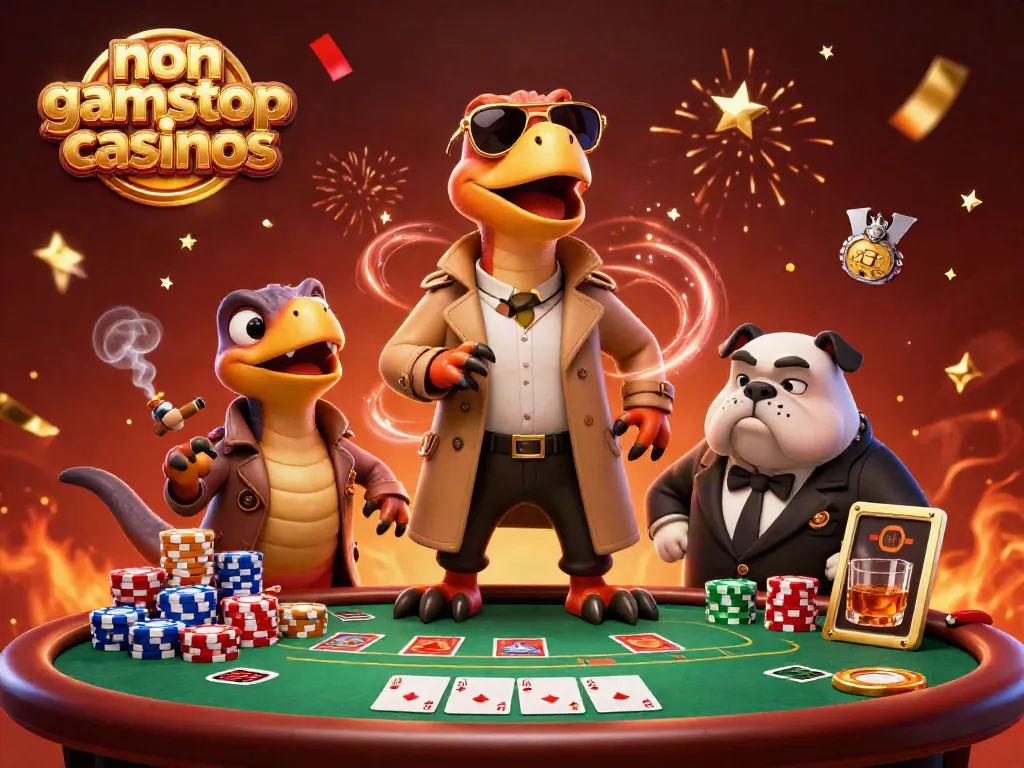 Experience non gamstop casinos illustrated with raptors in a trench coat at a lively poker scene filled with vibrant details.