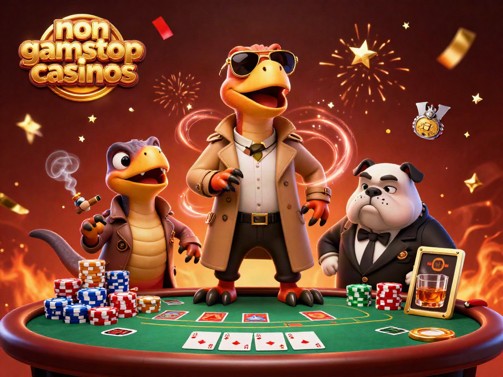 Experience non gamstop casinos illustrated with raptors in a trench coat at a lively poker scene filled with vibrant details.