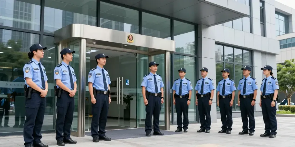 Security guard team ensuring safety at a local business entrance, showcasing professional service.
