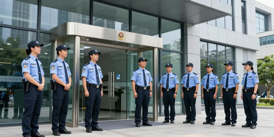 Security guard team ensuring safety at a local business entrance, showcasing professional service.