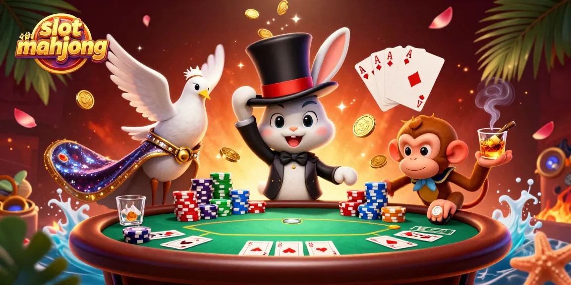 Engage with slot mahjong magic as a rabbit pulls coins, surrounded by poker elements and vibrant scenes.