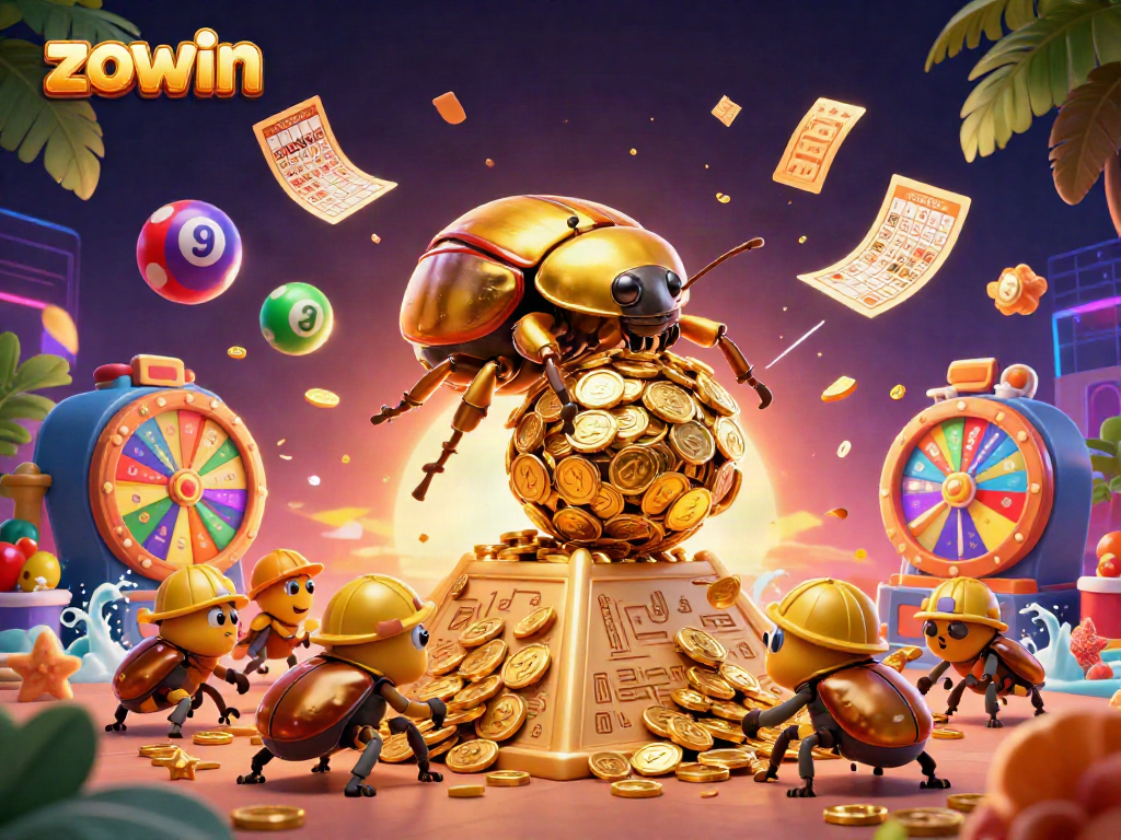 Zowin celebrates casino fun with vibrant, artistic illustration of golden beetles amidst lottery balls and prizes.