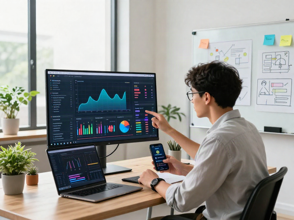 Engaging marketing workspace with a digital strategist analyzing spicy ai trends on multiple screens in a modern office.