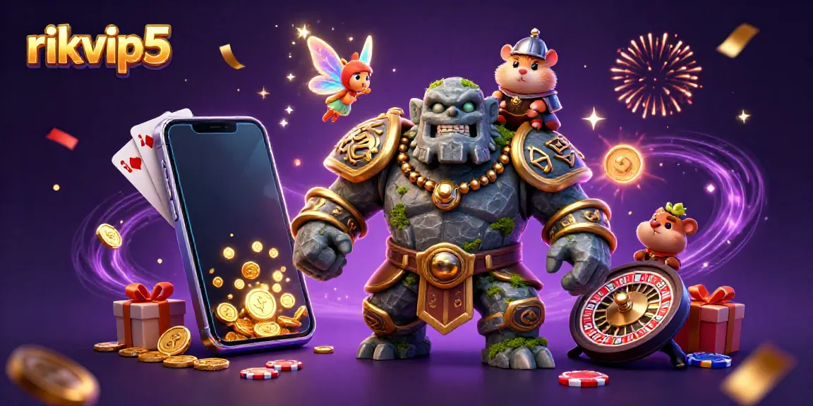 Experience the excitement of rikvip5 with magical characters and vibrant games in this immersive illustrative scene.