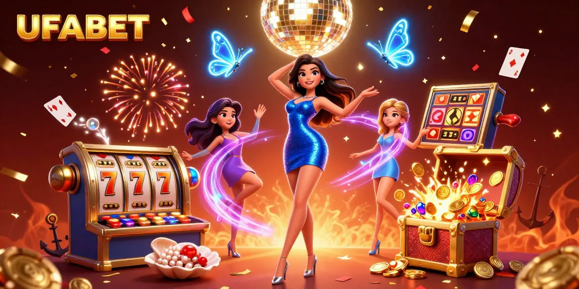 Experience thrilling wins playing UFABET with vibrant slots and lively characters in a dynamic casino scene.