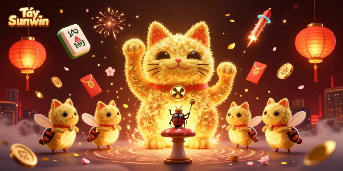 Tải Sunwin offers exciting online gaming experiences with golden fireflies forming a lucky cat among floating casino symbols.