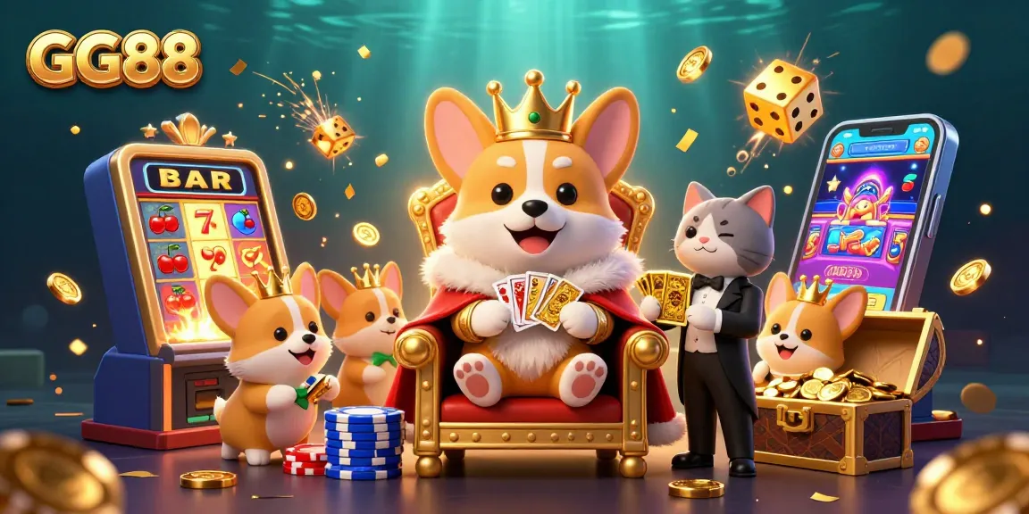 Experience the thrill at GG88 with this vibrant scene of a royal corgi surrounded by casinos elements.