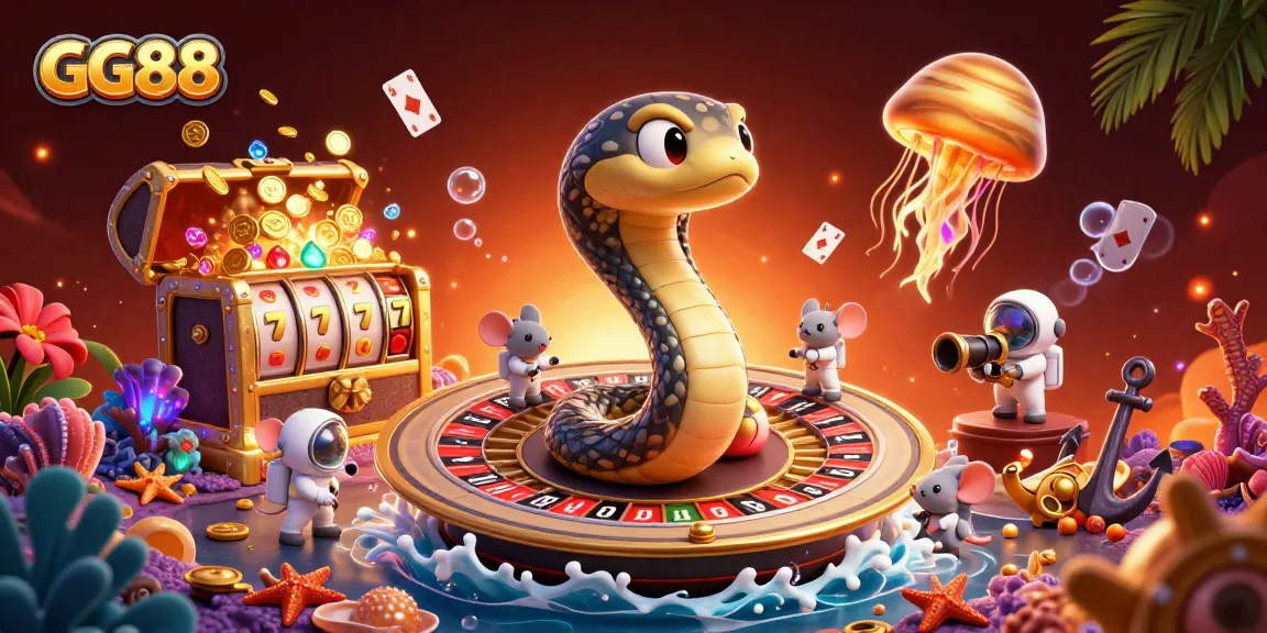 Experience GG88's thrilling universe with a cosmic roulette wheel and vibrant slot elements.