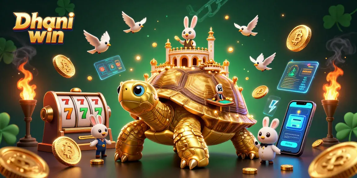 Dhani win casino illustration depicting a gold tortoise and rabbit dealer amid slot reels and crypto coins.