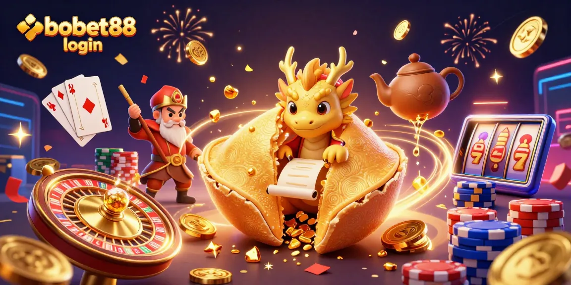 Experience sbobet88 login with a vibrant 3D illustration of fortune cookies and casino elements.