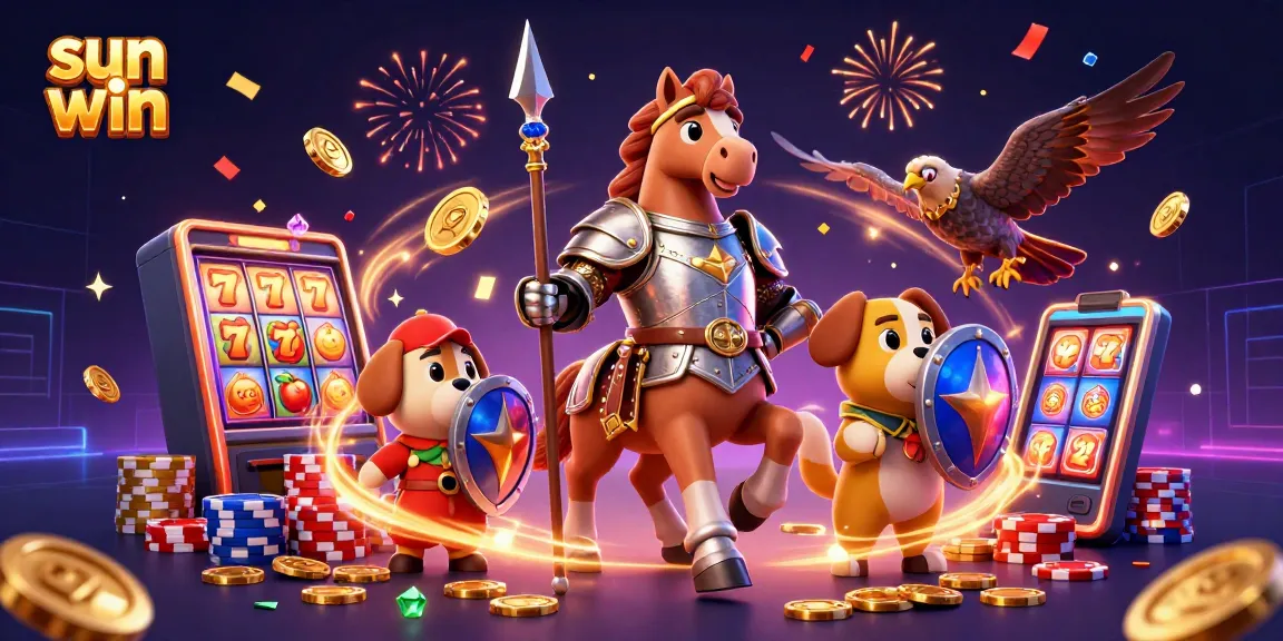 Experience the excitement of sun win with a captivating 3D casino illustration featuring knights, coins, and slot machines.