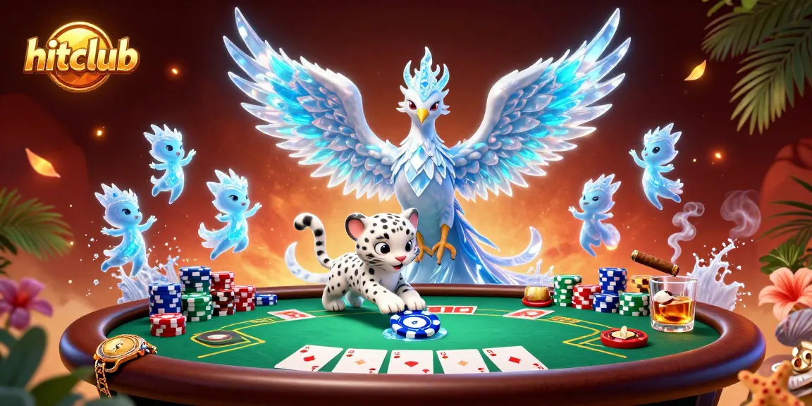 Hitclub invites players into a vibrant online gambling scene featuring dynamic characters, poker chips, and rich casino details.