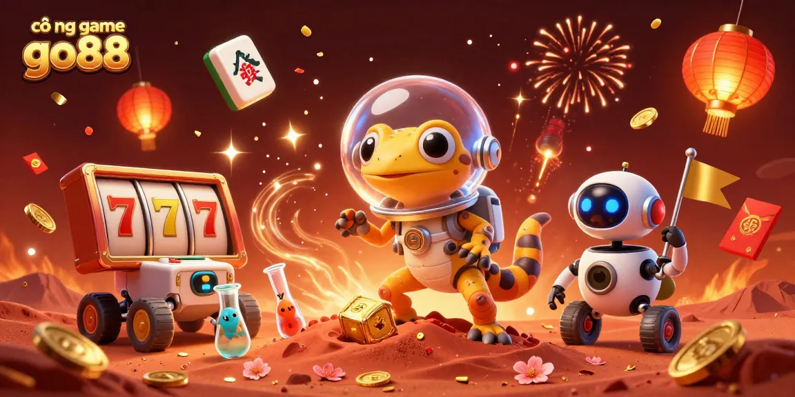 Engage with cổng game go88 as a Martian gecko uncovers a golden casino surrounded by festive gaming elements.