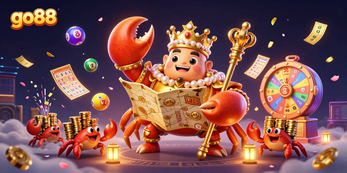 Experience the thrill of go88 with vibrant casino elements enveloping a majestic crab emperor.